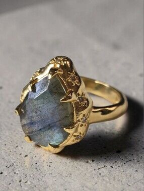 18k Gold Plated Artisan Genuine Teardrop Labradorite Flash Claw Prong Ring